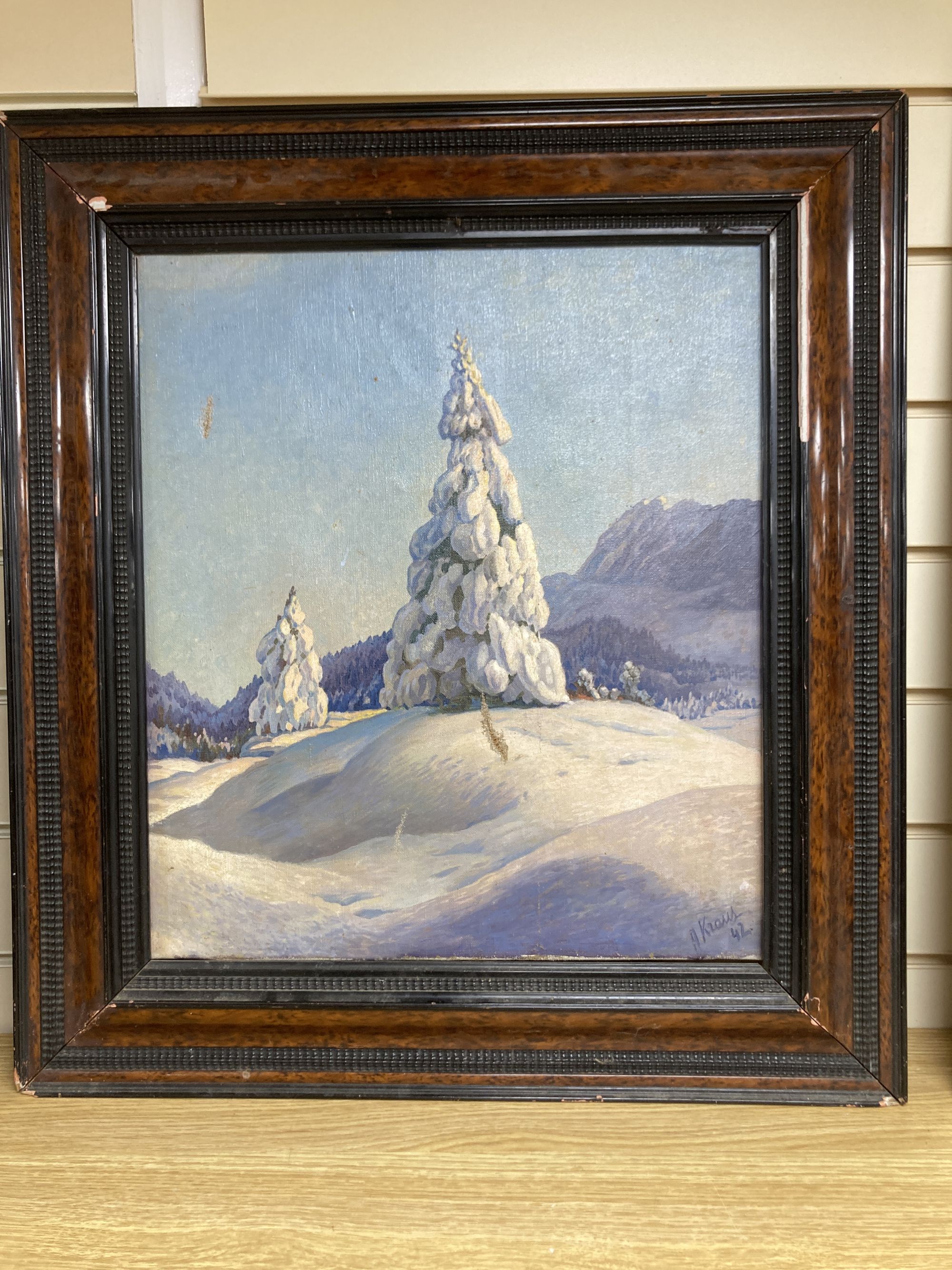 A. Kraus, oil on canvas, Alpine landscape, signed and dated 42, 47 x 41cm